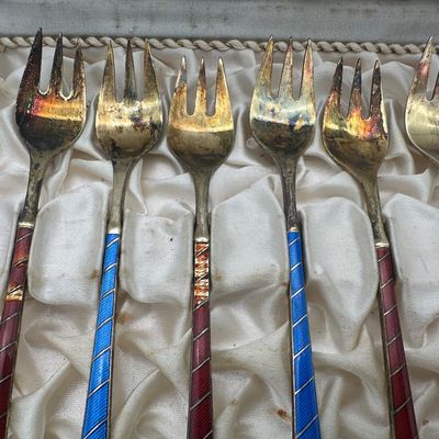 18 Egon Lauridsen ELA Denmark Sterling Silver & Guilloché Enamel Cocktail Forks