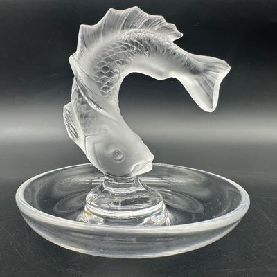 Lalique France Frosted Crystal Leaping Koi Fish Ring Dish – Signed