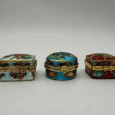 Set of 3 Vintage Cloisonné Enamel Floral Trinket Boxes