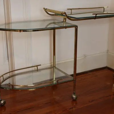 Vintage Brass & Glass Folding Gallery Bar Cart / Serving Trolley