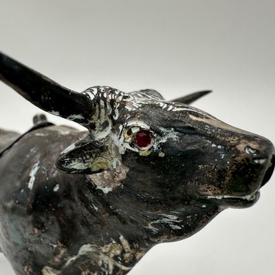Sterling Silver Bull Figural Creamer with Hinged Lid & Red Eyes