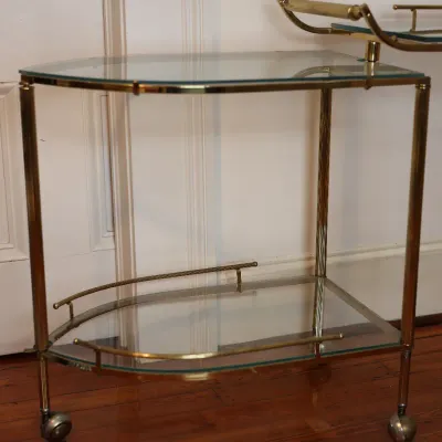 Vintage Brass & Glass Folding Gallery Bar Cart / Serving Trolley