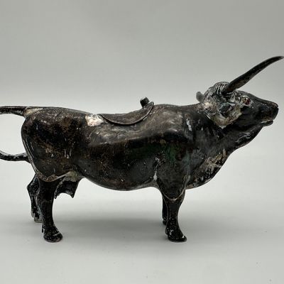 Sterling Silver Bull Figural Creamer with Hinged Lid & Red Eyes