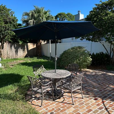 5-Piece Cast Aluminum Patio Dining Set with Four Chairs, Umbrella and Base
