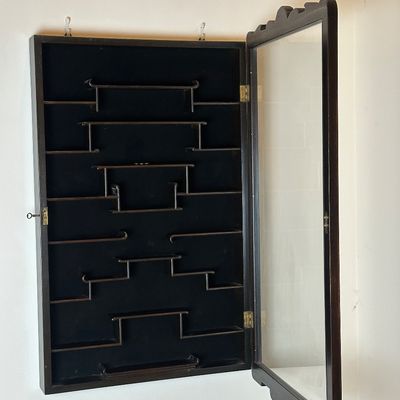 Asian-Style Carved Wood Wall Display Cabinet with Glass Door