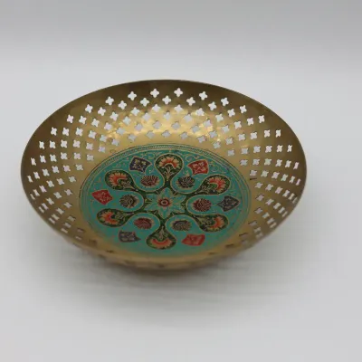 Vintage Indian Pierced Brass & Enamel Floral Bowl