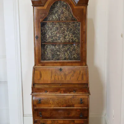 Antique Dutch-Style Burlwood & Marquetry Bombé Secretary Bookcase