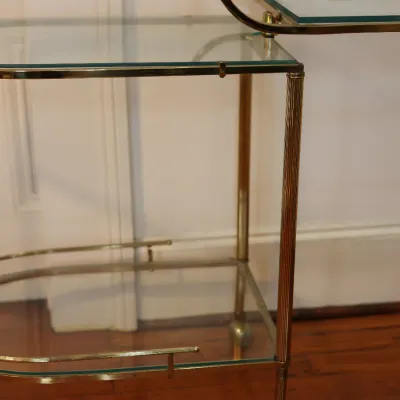 Vintage Brass & Glass Folding Gallery Bar Cart / Serving Trolley