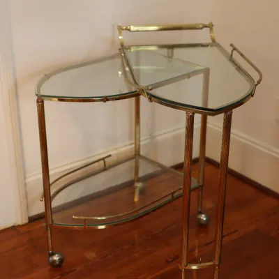 Vintage Brass & Glass Folding Gallery Bar Cart / Serving Trolley