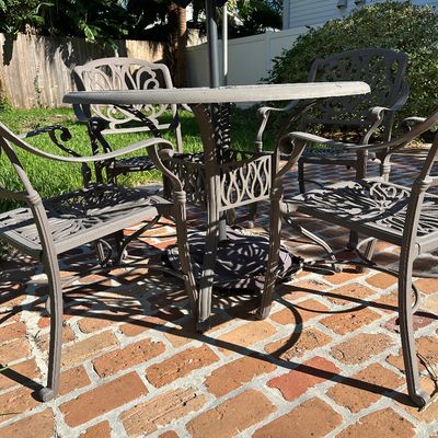 5-Piece Cast Aluminum Patio Dining Set with Four Chairs, Umbrella and Base