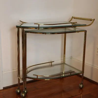 Vintage Brass & Glass Folding Gallery Bar Cart / Serving Trolley