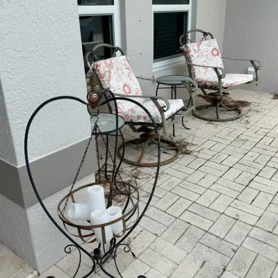 Outdoor Patio Lot – Pair of Swivel Chairs, Side Tables & Hanging Candle Holder