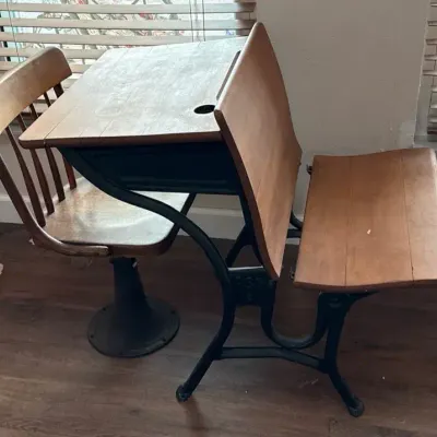 Vintage School Desk with Attached Chair & Bench – Wood and Cast Iron