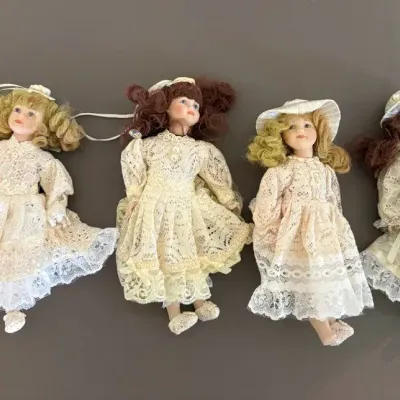 Set of 4 Victorian-Style Porcelain Dolls in Lace Dresses