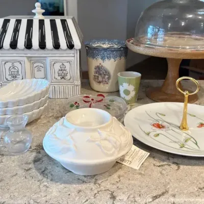 Large Kitchen Ceramics Lot - Cookie Jar, Cake Platter, Bowls 