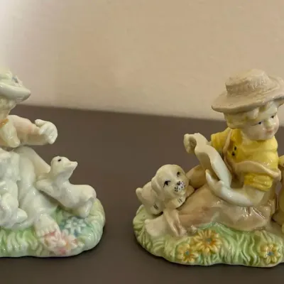 Pair of Porcelain Child Figurines with Lambs & Puppies