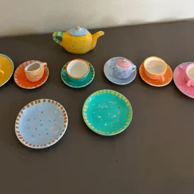 Colorful Miniature Ceramic Tea Set – Teapot, Cups, Saucers & Plates