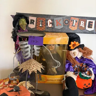 Assorted Halloween Décor Lot – Witches, Trick-or-Treat Sign & Seasonal Decorations