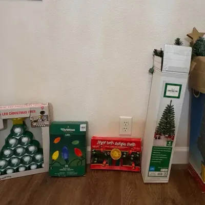 Assorted Christmas Décor Lot – Artificial Trees, Musical LED Tree, String Lights & Holiday Display