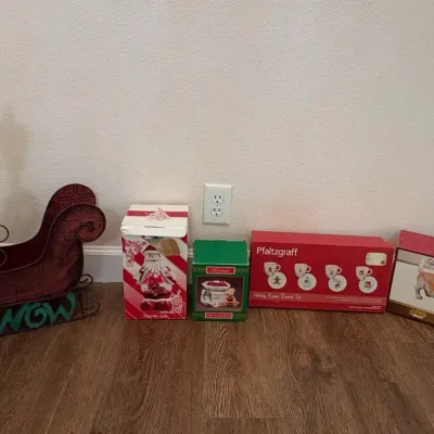 Assorted Boxed Christmas Décor – Pfaltzgraff, Holiday Figurines, Sleigh & Lamppost