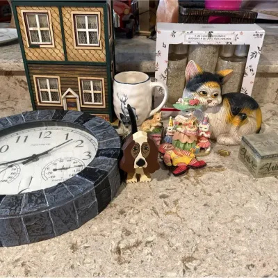 Assorted Collectibles- Kitty, Bassett Hound, Mug, Victorian House 