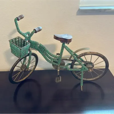 Decorative Beaded Metal Bicycle Sculpture with Basket