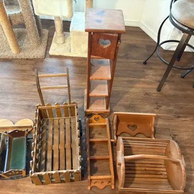 Assorted Wooden Shelving Furniture Pieces – Basket, Shelf & More
