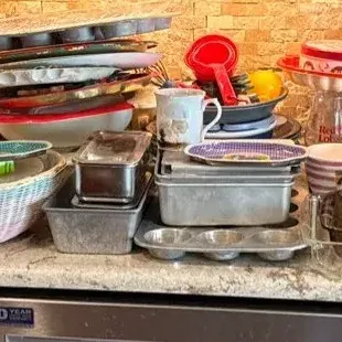 Huge Kitchen Lot- Mixing Bowls, Platters, Crystal, Vintage Pans, Baking Supplies 