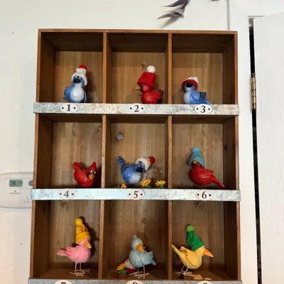 Whimsical Collection of 9 Colorful Bird Figurines with Knit Hats & Display Cubby