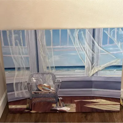 Large Signed Coastal Beach Interior Mixed-Media Canvas with Fabric Curtains