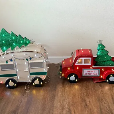 Large Lighted Metal Christmas Truck & Retro Camper Holiday Decorations