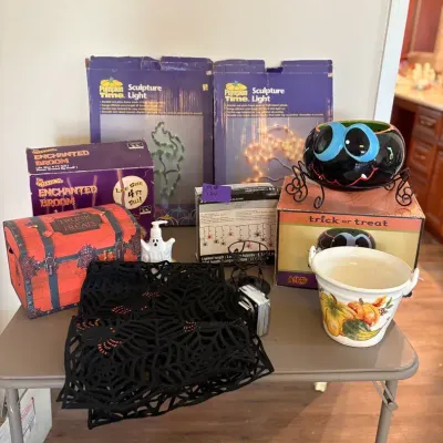 Assorted Halloween Décor – Lighted Sculptures, Enchanted Broom, Spider Bowl, Treat Chest & More