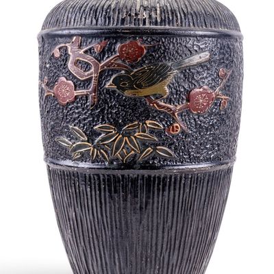 Sale Photo Thumbnail #109: Japanese Black Ceramic Vase with Bird Motif