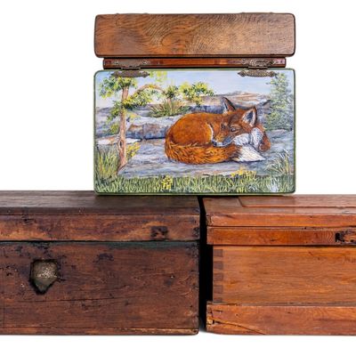Sale Photo Thumbnail #255: Painted Wood Lap Desk and Storage Trunks
