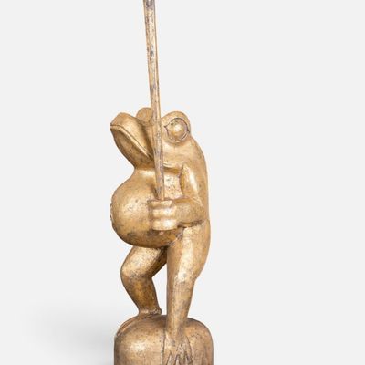 Sale Photo Thumbnail #188: Gold Tone Frog Holding Umbrella Statue