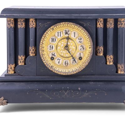 Sale Photo Thumbnail #216: Black Mantel Clock W/ Columns & Winding Key