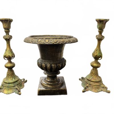 Sale Photo Thumbnail #394: Cast Metal Planter and 2 Tall Copper Candlesticks