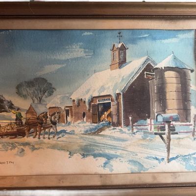 Sale Photo Thumbnail #386: Fred T. Fay Watercolor Winter Barn Scene