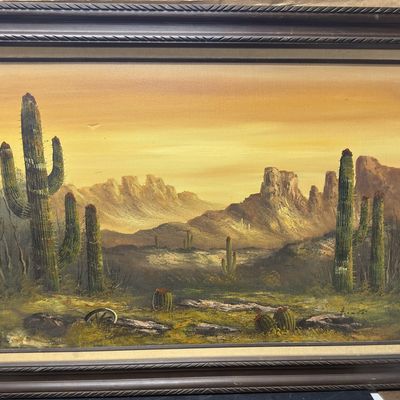 Sale Photo Thumbnail #406: Signed Oil on Canvas Desert Scene, 31" x 43" OD