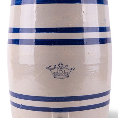 Sale Photo Thumbnail #101: Striped Stoneware Beverage Dispenser with Lid