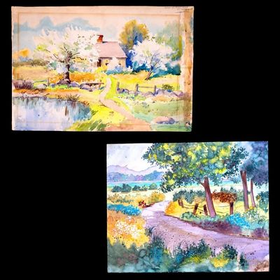 Sale Photo Thumbnail #372: 2 Signed Colorful Watercolor Paintings