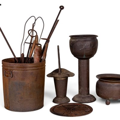 Sale Photo Thumbnail #74: Vintage Brass Bucket / Container and Iron Tools
