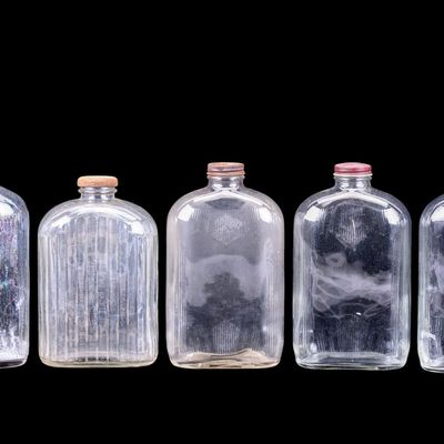 Sale Photo Thumbnail #115: 5 Glass Liquor Flasks w/ Metal Caps