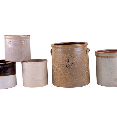 Sale Photo Thumbnail #99: 5 Stoneware Crocks, Largest 11 3/4" Tall