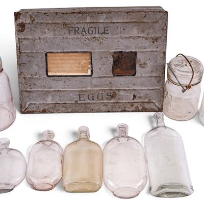 Sale Photo Thumbnail #107: Vintage Metal Egg Crate, Ball Jars, Glass Bottles