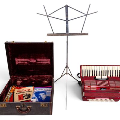 Sale Photo Thumbnail #225: Red Scandalli Accordion in Case w/ Sheet Music