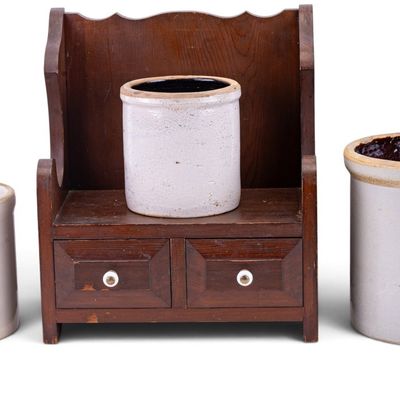 Sale Photo Thumbnail #165: Wooden Two-Drawer Shelf & 3 Stoneware Crocks