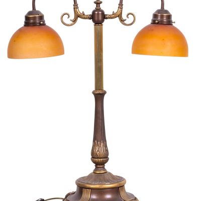 Sale Photo Thumbnail #202: Double Arm Brass Desk Lamp with Amber Shades