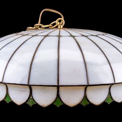 Sale Photo Thumbnail #191: Vintage Three-Light Stained Glass Hanging Lamp