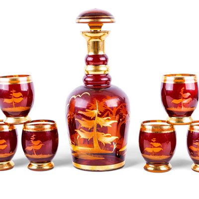 Sale Photo Thumbnail #316: Egermann Bohemian Glass Stag Decanter + Cups